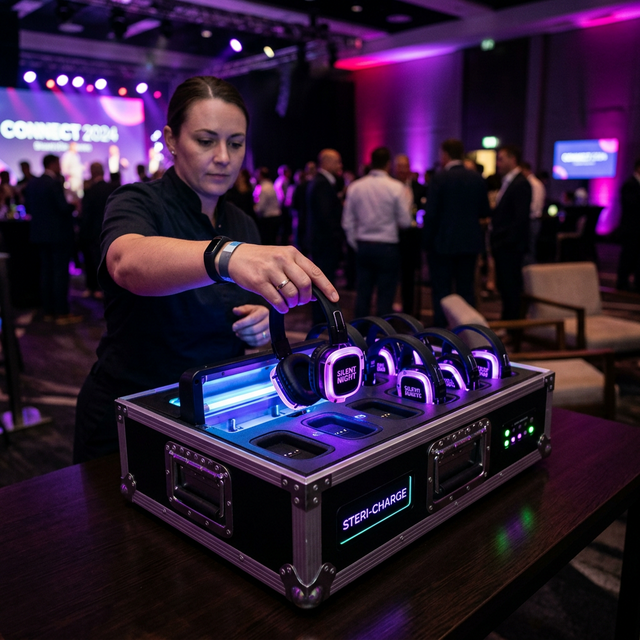 Dezynfekcja słuchawek Silent Disco UV w skrzyni