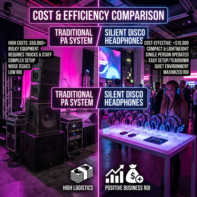 Porównanie kosztów Tradycyjne PA vs Silent Disco ROI