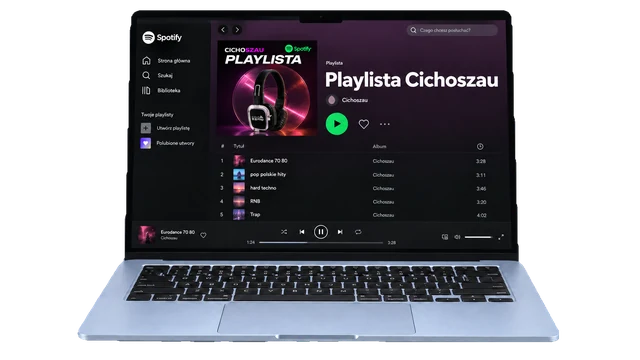 Laptop z playlistami Cichoszau na Spotify